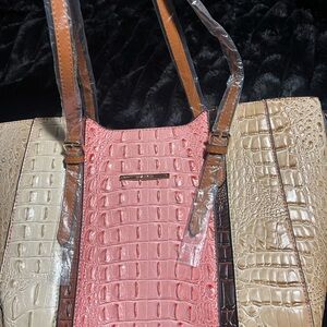 Brahmin Pink and Tan Croc-Embossed Tote